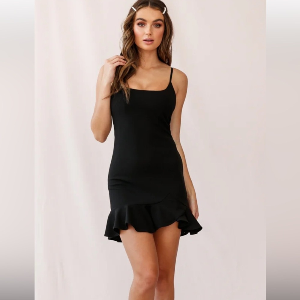 American threads black ruffle cocktail dress